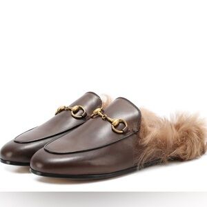 Brown Leather Loafers with Real Fur Lining, size 38